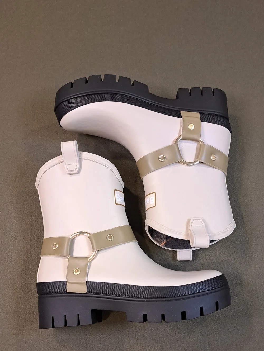 Barbour Elley Harness Wellington Boots - Color: Oak/Olive - Size: Women 7